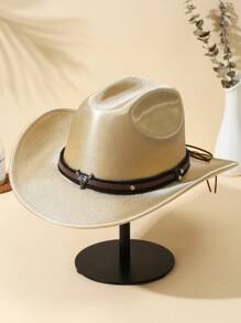 1 件男士牛头装饰纯色波西米亚山脊软毡帽牛仔帽爵士巴拿马帽牛仔帽软呢帽西部牛仔风格帽子适合派对 - 駝色 - 查看 3