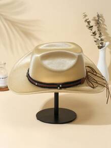 1 件男士牛头装饰纯色波西米亚山脊软毡帽牛仔帽爵士巴拿马帽牛仔帽软呢帽西部牛仔风格帽子适合派对 - 駝色 - 查看 4