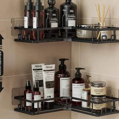 OBOVAY Bộ 3 món đồ dùng nhà tắm bằng thép không gỉ không cần khoan: Kệ góc tắm, kệ dán tường đựng sữa tắm, dầu gội, xà phòng, trang trí nhà cửa, phụ kiện nhà tắm mùa thu, phụ kiện nhà tắm cho năm học mới