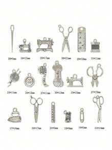 paquete de 18 piezas Herramientas de costura de aleación creativas con forma de colgante para hacer joyas DIY, aguja, hilo, botón, decoración de llavero para verano, escuela - Plateado - Ver 4