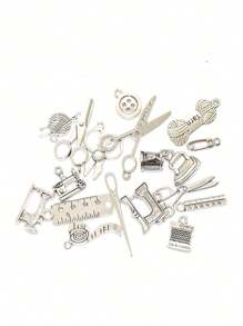 paquete de 18 piezas Herramientas de costura de aleación creativas con forma de colgante para hacer joyas DIY, aguja, hilo, botón, decoración de llavero para verano, escuela - Plateado - Ver 2