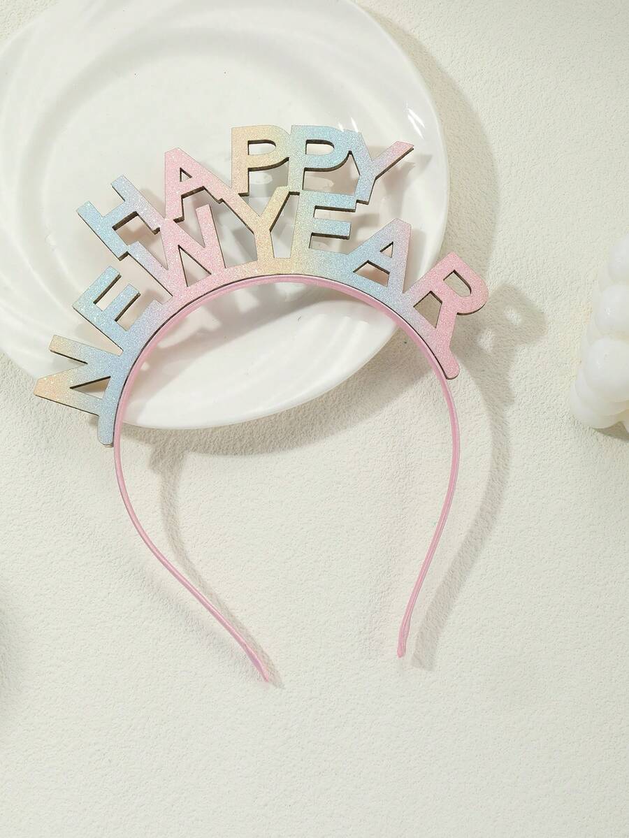 新年髮箍-簡約彩虹雙面閃粉’happy New Year’字母髮箍 - 彩色 - 查看 1