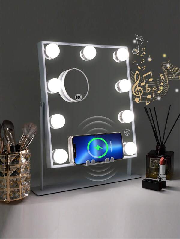 FENCHILIN FENCHILIN 25cm x 30cm Wireless Rechargeable Music Speaker Kosmetikspiegel mit Licht 9 Glühbirnen mit LED-Leuchten Kosmetikspiegel Tischspiegel Schlafzimmer Weiß