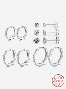 925純銀耳環/耳針套裝,女性專用 - 6對低敏感度微小方形氧化鋯耳針套裝和耳環環掛 - 銀色 - 查看 2