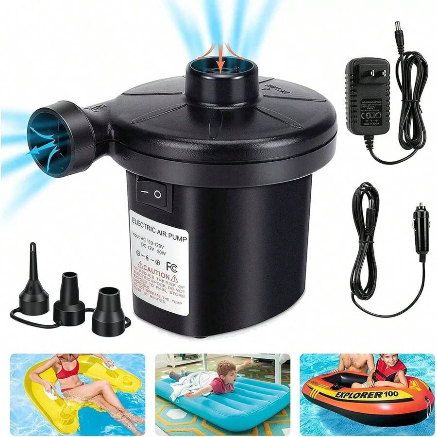 Bomba de aire eléctrica para hinchables, bomba de aire rápida portátil para colchones inflables con 3 boquillas, bomba infladora y desinfladora para campamento al aire libre, flotadores de piscina, sofá inflable, aro de natación, 12V CC/110V CA decoración de baño verano - Negro - Ver 1