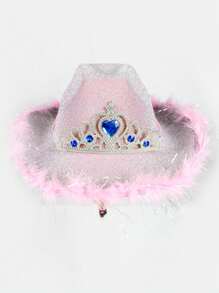 1pc Men's And Women's Shiny Pink Feather & Rhinestone Decor Western Cowboy Hat With Pull Cord, Vintage British Jazz Hat, Theme Party Halloween Carnival Hat, Wide Brim Woolen Hat, Fashionable Couple Hat, Felt Hat, Sun Hat, Autumn And Winter - Pink - View 6