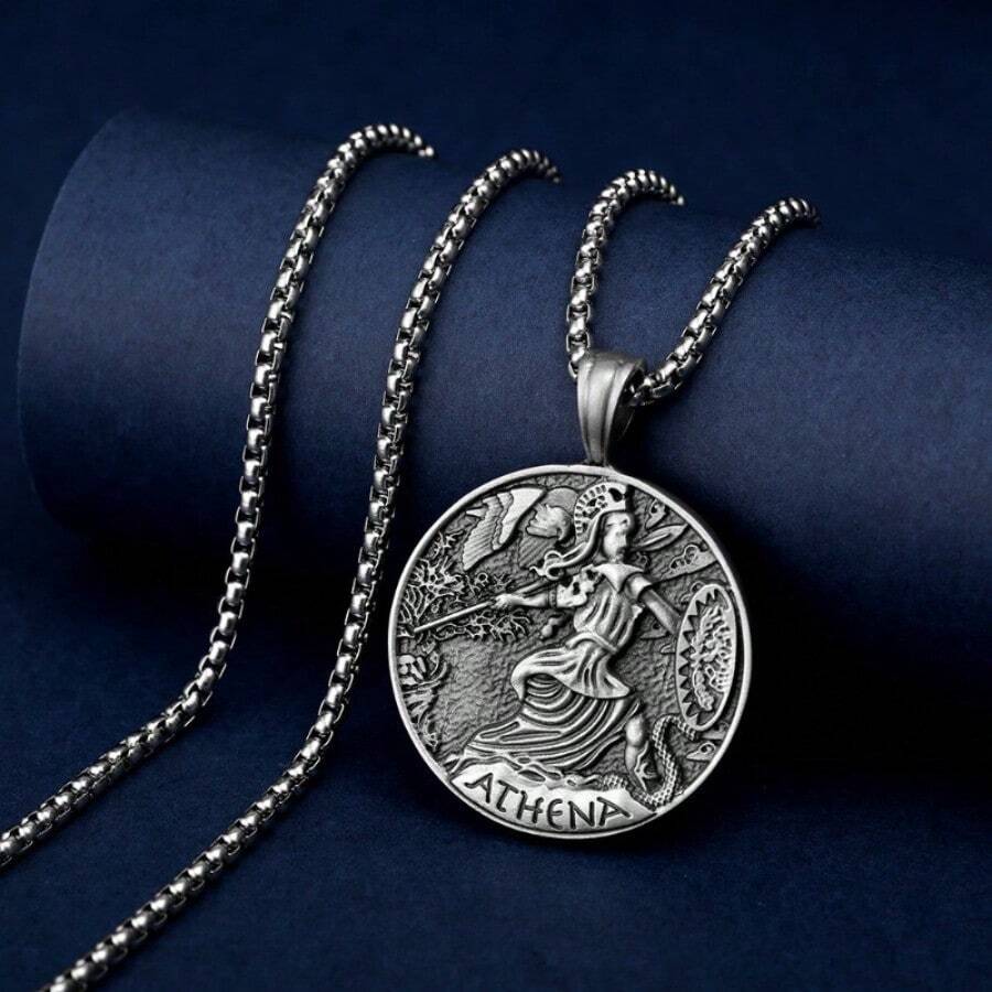 Greek Mythology Mint Goddess Athena Pendant Men's Retro Style Titanium Steel Hip Hop Necklace Pendant - Antique Silver - View 1
