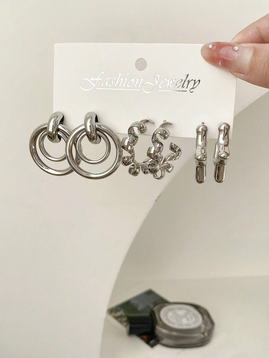 A Set Of 3 Pairs Of Earrings And Earrings - Silver - View 1