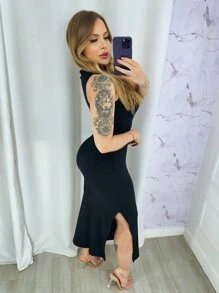 無袖高領女性連身洋裝,流行的春夏博客裝 - 黑色 - 查看 2