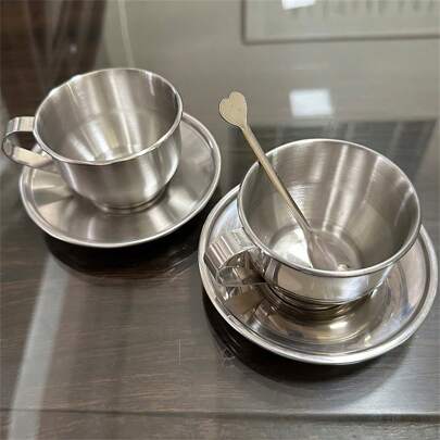 3pcs Set Stainless Steel European Style Coffee Cup With Coffee Spoon With Cup And Saucer Coffee Cup Set Heat Insulation Multi-Purpose Milk Cup European Hotel Coffee Cup Coffee Utensils Back To School