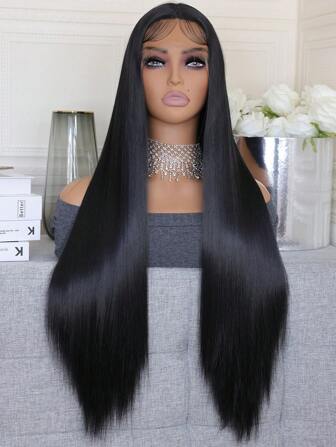 Pelucas De Fibra Sintética Para Mujer, Pelo De Bebé, 13x4x1, Suave, Sin Pegamento, Negro Natural, 28 Pulgadas, Largo, Sedoso, Recto, Profundo, Con Encaje Frontal