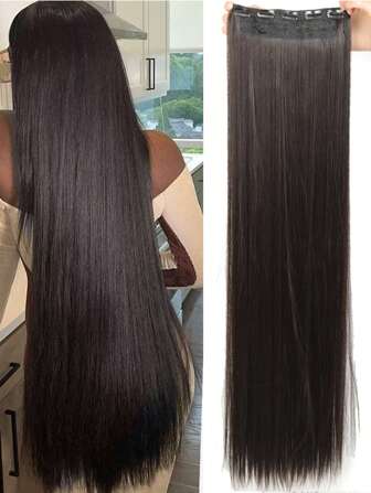 Black-Brown Extra Long Straight Hair Extensions, 20-40 Inch 5 Clips Synthetic Hair Extension Heat Resistant Fake Hairpiece For Women Chinese New Year,Music Festivals, Parties, Cosplay, Holidays And Daily Use