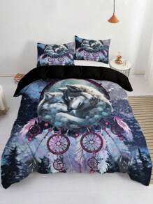 3入組狼印花床上用品,捕夢器國風客房被單套(1件被套+2件枕套,不含枕芯) - 彩色 - 查看 3