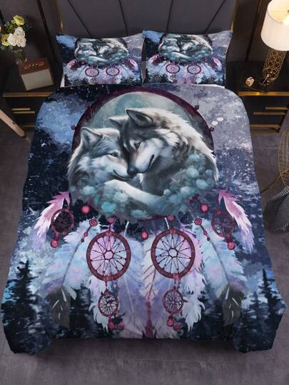 3 st. Varg Tryckt Sängkläder , Drömfångare Nationell stil Gäst Rum Täcke Skydd Set ( Påslakan + 2 st. Örngott , Kudde Kärna )