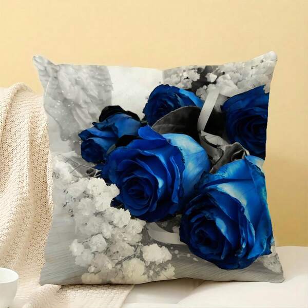 1 Pièce Housse De Coussin Rétro À Rose Bleue, Taie D'oreiller Imprimée À Fermeture Éclair Cachée En Flanelle De Style Vintage Avec Impression Sur Un Seul Côté Sans Noyau De Coussin, Adaptée Pour La Décoration Du Canapé, Du Salon Et De La Chambre À Coucher.