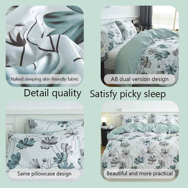 3pcs Flower Pattern Printed Bedding Set (Quilt Cover *1 + Pillowcase *1/2) SkinFriendly