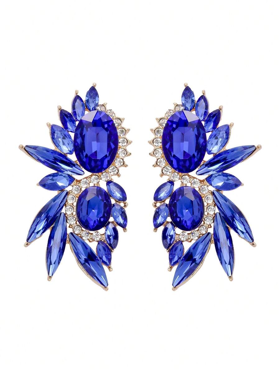 juran 1對玻璃鑲嵌鑽石裝飾優雅女式耳環,適用於約會之夜,珠寶禮物 - 寶藍色 - 查看 1