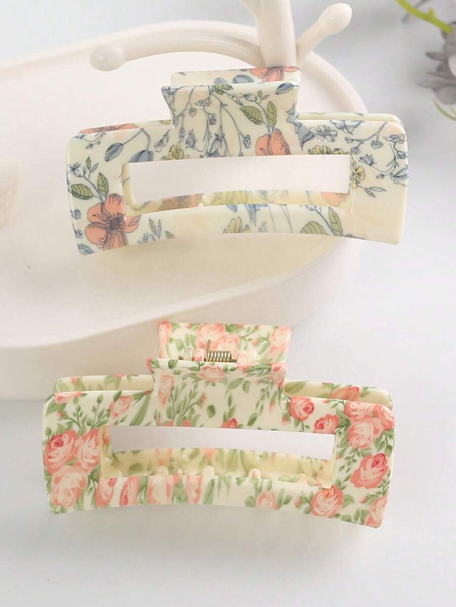 2pcs/Set Lovely Floral Printed Hair Claw & Hair Claw Set For Daily Use Boho Casual Valentine's Day Valentines Claw Clips Hair Clips Hair Jaw Clip Hair Clamps Hair Clutch Hair Catcher Clip, School Stuff, College Fall Winter Hair Accessories For Women For Vacation Outfits Woman - Multicolor - View 1