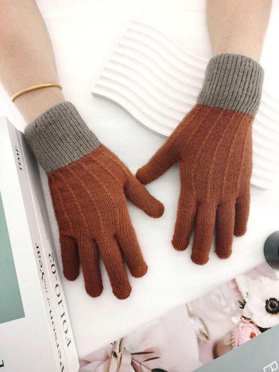 một cặp Của Của phụ nữ Khối màu Dệt kim Găng tay màn hình cảm ứng Với Hình hoa In Cà phê Và Nâu , Ấm áp Và Đúng mốt Đối với Ngày đêm , Mua sắm , Và Sử dụng hàng ngày In Mùa thu Và Mùa Đông - Cà phê nâu - Xem 1