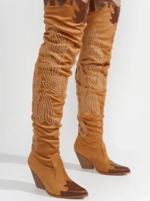 Icona Women's Embroidery Thigh-High Cowboy Boots - 棕色 - 查看 2