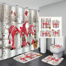 Bộ 4 tấm rèm tắm hình ông già Noel lùn Scandinavia Giáng sinh, nắp bồn cầu, thảm chống trượt, thảm trải sàn, thảm trải sàn phòng tắm, rèm tắm bằng vải polyester có móc treo, trang trí phòng tắm Giáng sinh - Nhiều màu - Xem 3