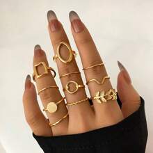 11pcs/set Gold-color Geometric Leaf Creative Design Ring Set, Suitable For Women's Daily Wear - Gold - View 3