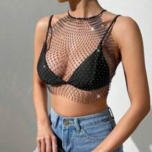 Crop Top De Malla Con Pedrería Blusa Transparente Ajustables - Negro - Ver 7
