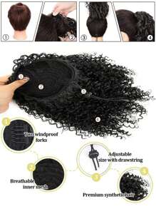 Drawstring Ponytail Afro Kinky Curly Ponytail For 14 Inch Synthetic Hairpieces Clip In Jerry Curls Afro Puff Ponytail Extensions Black - Black - View 5