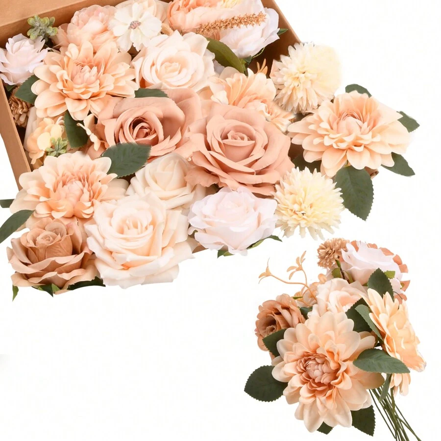 人造絲花,帶梗假花頭,花束組合盒,假花玫瑰組合,diy婚禮花束新娘派對中心裝飾花束盒(酒紅色)