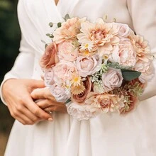 人造絲花,帶梗假花頭,花束組合盒,假花玫瑰組合,diy婚禮花束新娘派對中心裝飾花束盒(酒紅色)