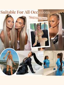 32吋自然黑色直翹馬尾束帶合成纖維耐熱直翹馬尾捆綁假夾式髮塊,適用於女士女孩 - 黑色 - 查看 6