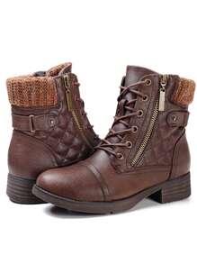 STQ Women's Combat Boots Lace Up Ankle Booties - 棕色 - 查看 5