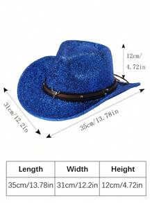 1 件男士牛头装饰纯色波西米亚亮片牛仔帽软毡帽爵士巴拿马南瓜帽牛仔帽软呢帽西部牛仔风格帽子适合户外 - 藍色 - 查看 6