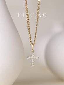 FICCINO Ficcino Men's Necklace With Gold Plated Cross Pendant Embedded With Cubic Zirconia, Titanium Steel Side Chain, Vintage Personality Style For Daily Use With Box