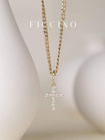  Collar de hombre Ficcino con colgante de cruz chapado en oro incrustado con circonita cúbica, cadena lateral de acero de titanio, estilo vintage personalizado para uso diario con caja
