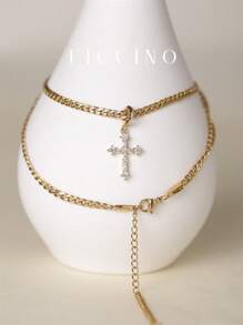 FICCINO Ficcino Men's Necklace With Gold Plated Cross Pendant Embedded With Cubic Zirconia, Titanium Steel Side Chain, Vintage Personality Style For Daily Use With Box
