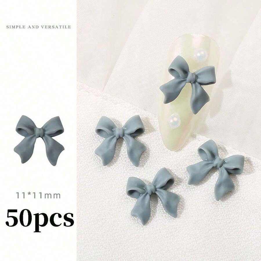 50pcs/Bag 3d Resin Butterfly & Ribbon Nail Art Decorations, Nail Stickers With Rhinestones, Popular Accessory For Nails DIY Nail Charms Nail Gems Nail Supplies - Dusty Blue - View 1