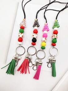 1pc Christmas Themed Silicone Beaded Non-detachable Keychain Lanyard For Office Id, Badge, Necklace, Gift - Red - View 2