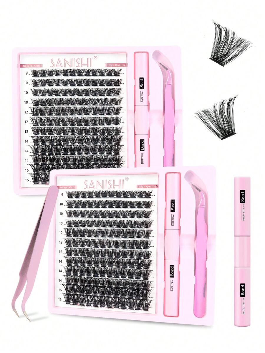 Sanishi Lashes 144 件 D 卷 9-16 毫米睫毛夹套装，含涂抹器、胶水和密封剂 - 纤长宽柄睫毛夹睫毛簇套装、睫毛、假睫毛