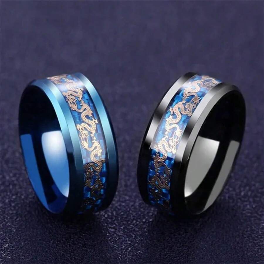 Titanium Steel Ring Celtic Gold Dragon Blue Carbon Fibre Wedding Band