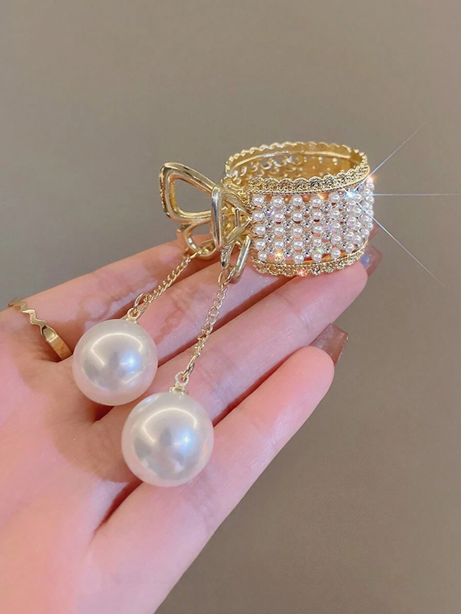 1入組天鵝絨玫瑰&鑲有水晶&珍珠&流蘇的髮卡 - 金色 - 查看 1