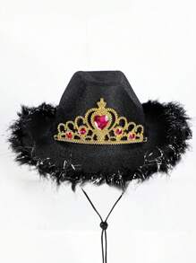 1pc Men's And Women's Shiny Pink Feather & Rhinestone Decor Western Cowboy Hat With Pull Cord, Vintage British Jazz Hat, Theme Party Halloween Carnival Hat, Wide Brim Woolen Hat, Fashionable Couple Hat, Felt Hat, Sun Hat, Autumn And Winter - Pink - View 8