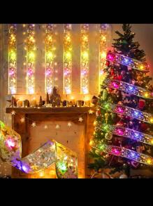 1m/3m/5m/10m LED Christmas Decoration String Lights, Copper Wire Fairy Light With Satin Ribbon, Christmas Tree Bow Garland - Gold (colored light) - View 5