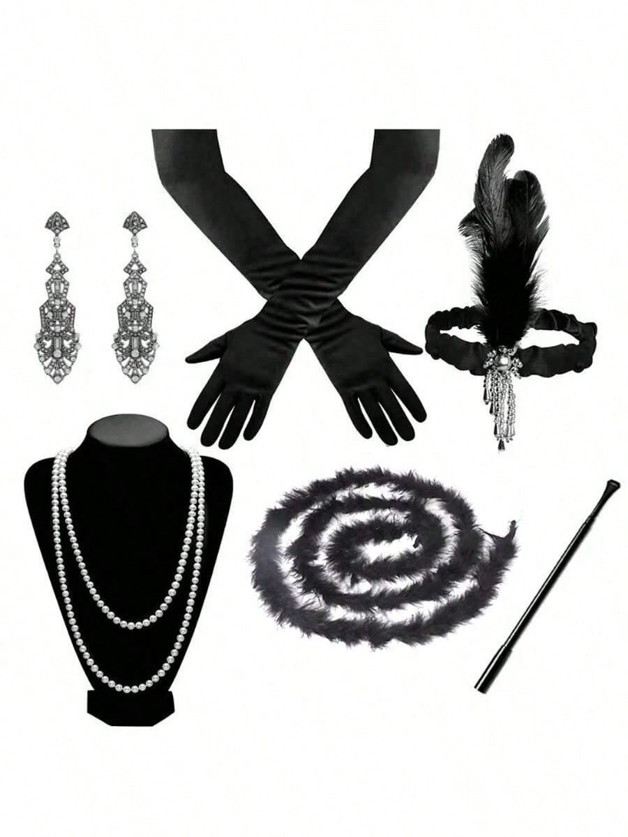 1set/6pcs Women's 1920s Vintage Black Feather Headpiece, Pearl Necklace