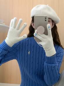 1 par de guantes de invierno completos, blancos, lindos, para calidez y estilo - Multicolor - Ver 4