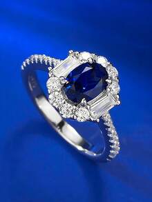 女性專用s925銀藍寶石5*7橢圓戒指,奢華全鑽日常時尚風格,適用於搭配所有服裝 - 寶藍色 - 查看 2