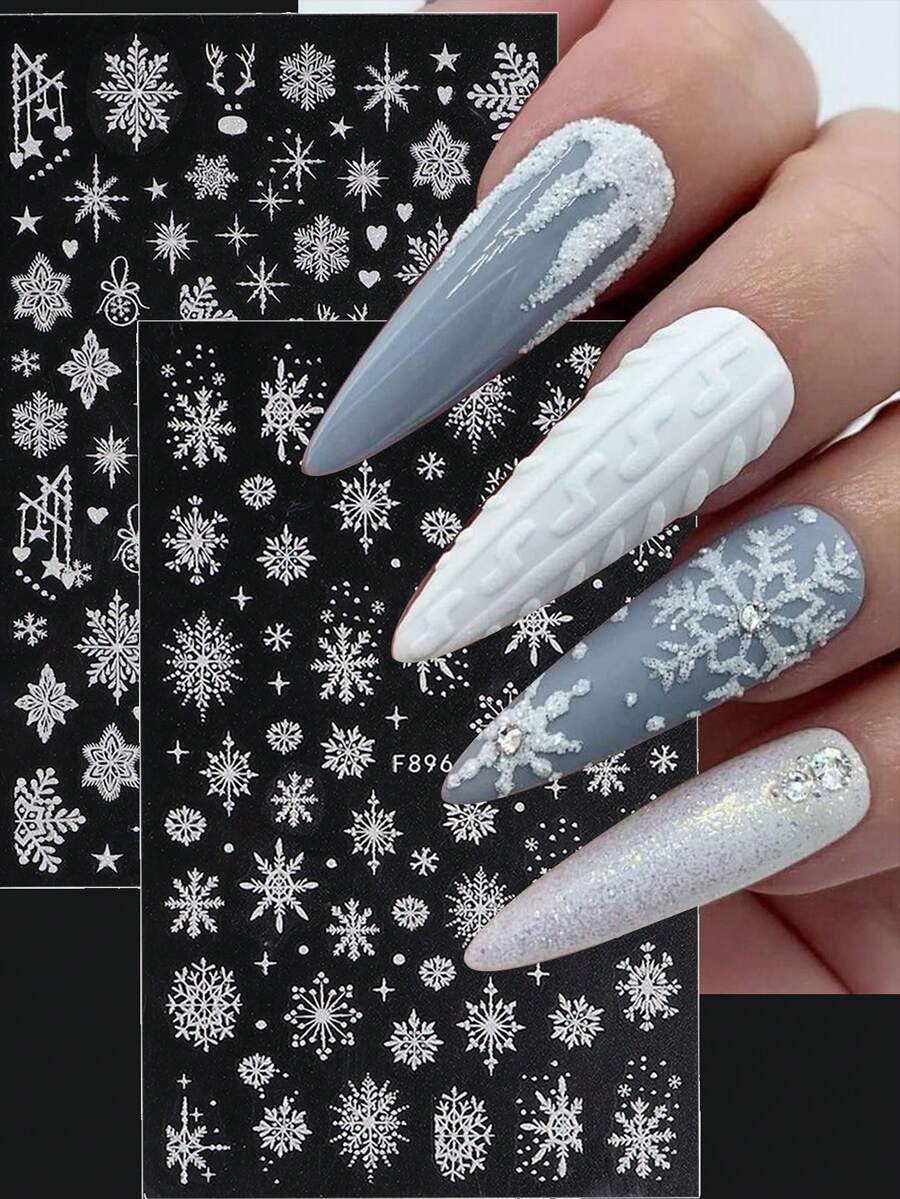 2pcs Glitter White Snowflake Nail Slider Christmas Elk Nail Stickers New Year Winter Nail Designs Decorations - White - View 1