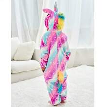 Pijama Roupa de dormir infantil de menina unicórnio kigurumi rosa estrelado de pelúcia desenho animado