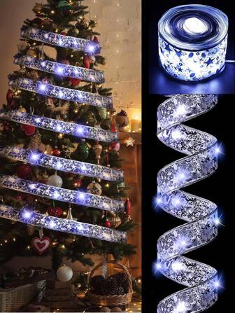 1m/3m/5m/10m Christmas Decorations LED Light String, Silver Wire Ribbon With White Lights, Christmas Tree Satin Ribbon Bow Lights
