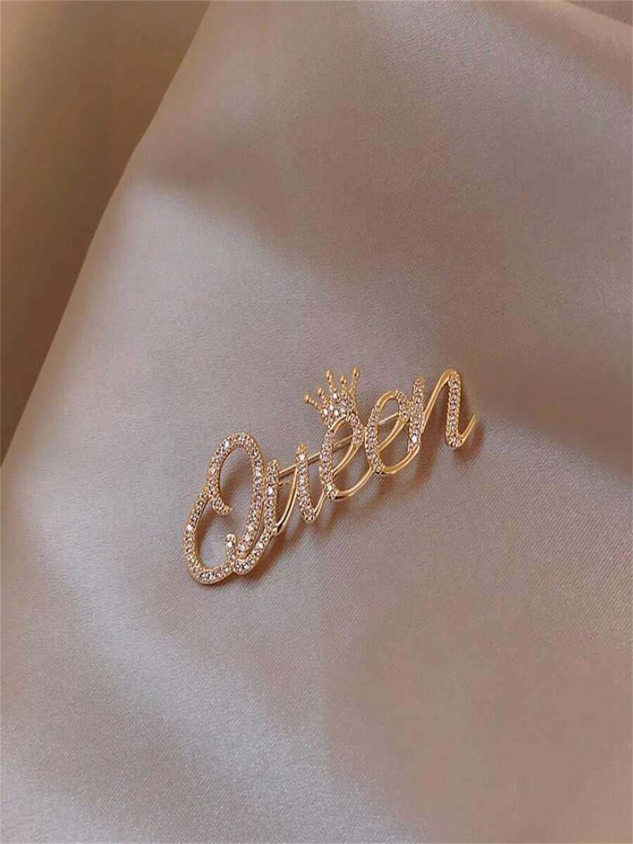 1pc Fashion Accessories Crown & Letters Design Rhinestone Inlaid Brooch Personaized Design Women's Jewelry Decoration - Gold - View 1